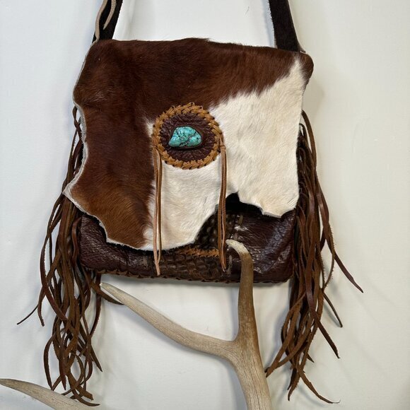 Funky Purse Project Handmade Leather Crossbody Bag Turquoise Accent with Fringe - Picture 1 of 15